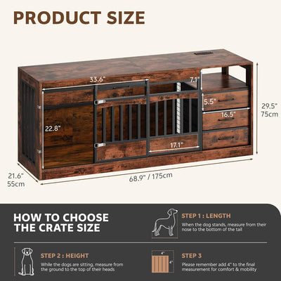 68" Large Dog Crate Furniture with Fabric Storage Drawers & Shelf Farmhouse Dog Kennel TV Stand Side Table Indoor for Large Dogs Decorative Dog Cage with Sliding Barn Door Power Outlet Brown