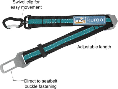 Kurgo Direct to Seatbelt Swivel Tether for Dogs Universal Car Seat Belt for Pets Adjustable Length Dog Safety Belt Carabiner Clip Easy Installation Compatible with Any Pet Harness (Blue)
