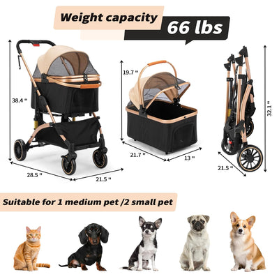 Coziwow 4-Wheel Premium 3-in-1 Foldable Pet Stroller for Small Medium Dogs With Detachable Carrier, Jogging Cat Travel, Black + Gold