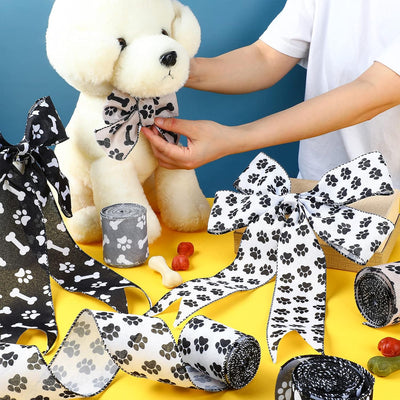 4 Rolls 26.4 Yard Dog Paw Print Ribbon 2.5 Inch Burlap Dog Bone Wired Edge Ribbon Craft DIY Wrapping for Ornaments Wedding Party Gift Handicraft Decor