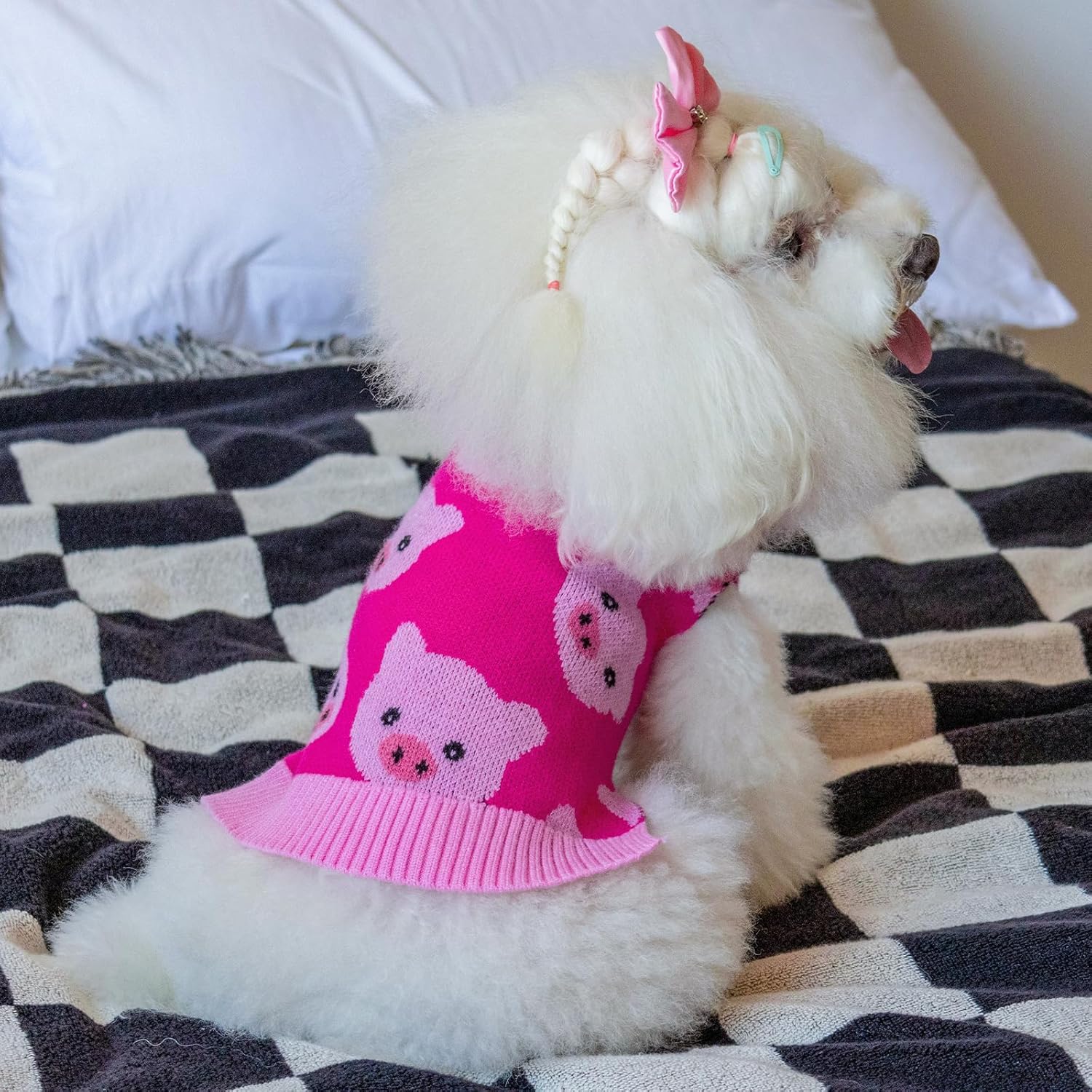 CuteBone Dog Sweater for Small Dogs Pink Pig Knit Puppy Sweater Turtleneck Pet Winter Clothes Cat Apparel with Harness Hole