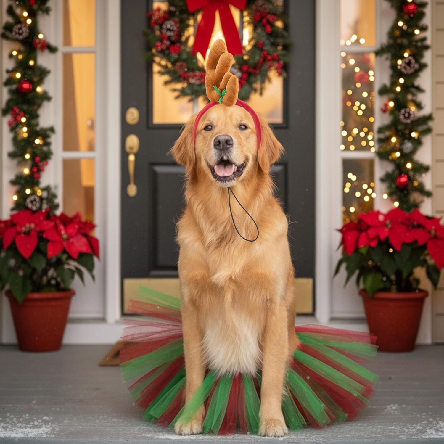 PAWNISAW Thanksgiving & Christmas Dog Costume Set, Cute Turkey & Antler Headband & Dog Tutu Dress Holiday Party Outfit Accessories for Medium, Large Dogs