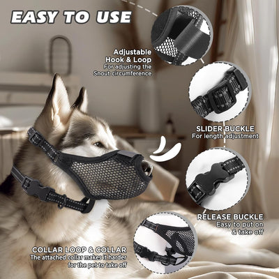 Dog Muzzle,Soft Air Mesh Muzzle for Small Medium Large Sized Dogs,Breathable Soft Dog Muzzle Reflective Adjustable Puppy Muzzles with Collar,Nose Revealing Design,Allows Panting and Drinking