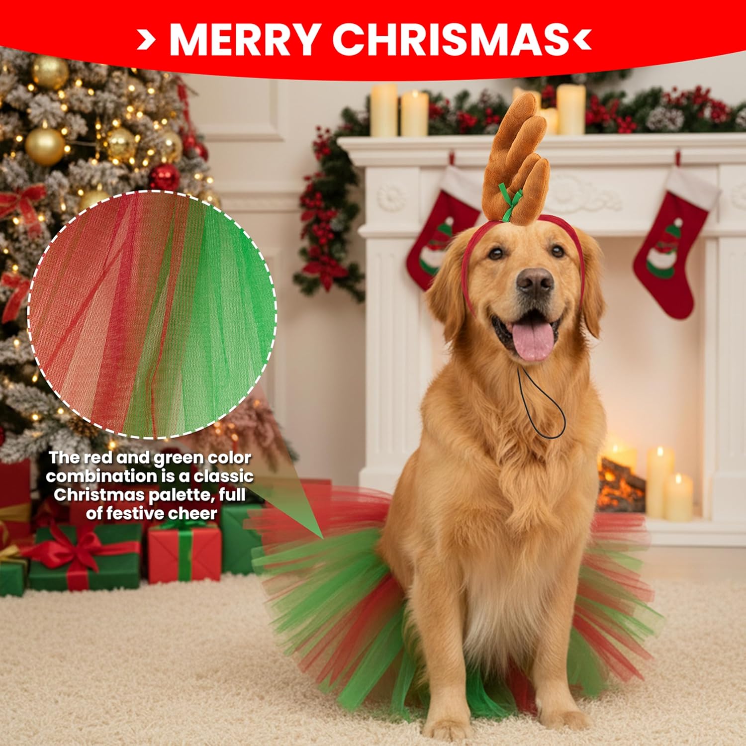 PAWNISAW Thanksgiving & Christmas Dog Costume Set, Cute Turkey & Antler Headband & Dog Tutu Dress Holiday Party Outfit Accessories for Medium, Large Dogs