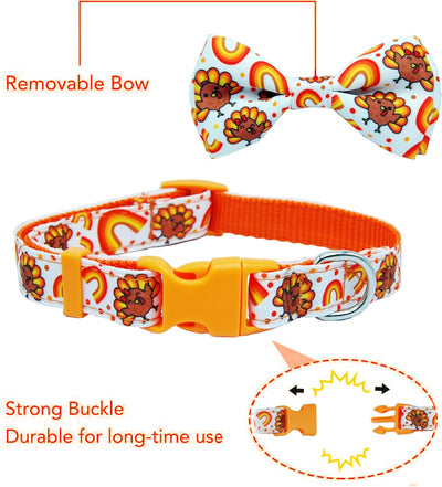 Thanksgiving Dog Collar with Bow Tie,Turkey and Rainbow Pattern Holiday Pet Collar Set for Small Medium Large Dogs, Adjustable Festive Fall Puppies
