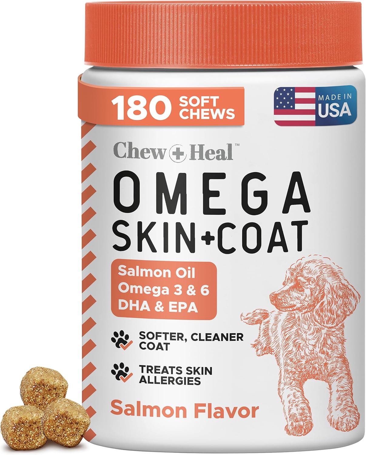 Salmon Oil for Dogs - 180 Soft Chew Omega Treats for Skin and Coat - Fish Oil Blend of Essential Fatty Acids, Omega 3 and 6, Vitamins, Antioxidants and Minerals - Made in USA