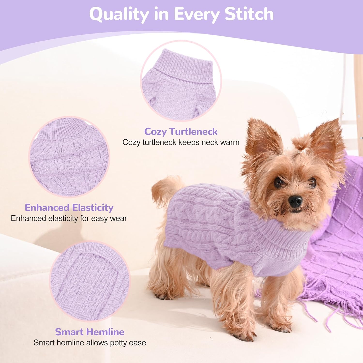 2 Pack Dog Sweaters for Small Dogs Winter Turtleneck Pullover Cable Knit Fleece Stretch Puppy Doggie Chihuahua Toy Poodle Yorkie Pomeranian Boy Girl Pet Clothes (S, Pink & Purple)