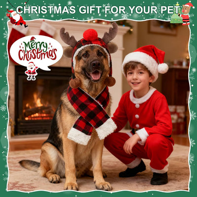 BEAUTYZOO Dog Christmas Hat and Scarf - Red Black Plaid Reindeer Design, 2PCS Winter Warm Plush Xmas Costume for Medium Large Dogs, Holiday Headwear Festive Outfit for Christmas Photos & Parties, L