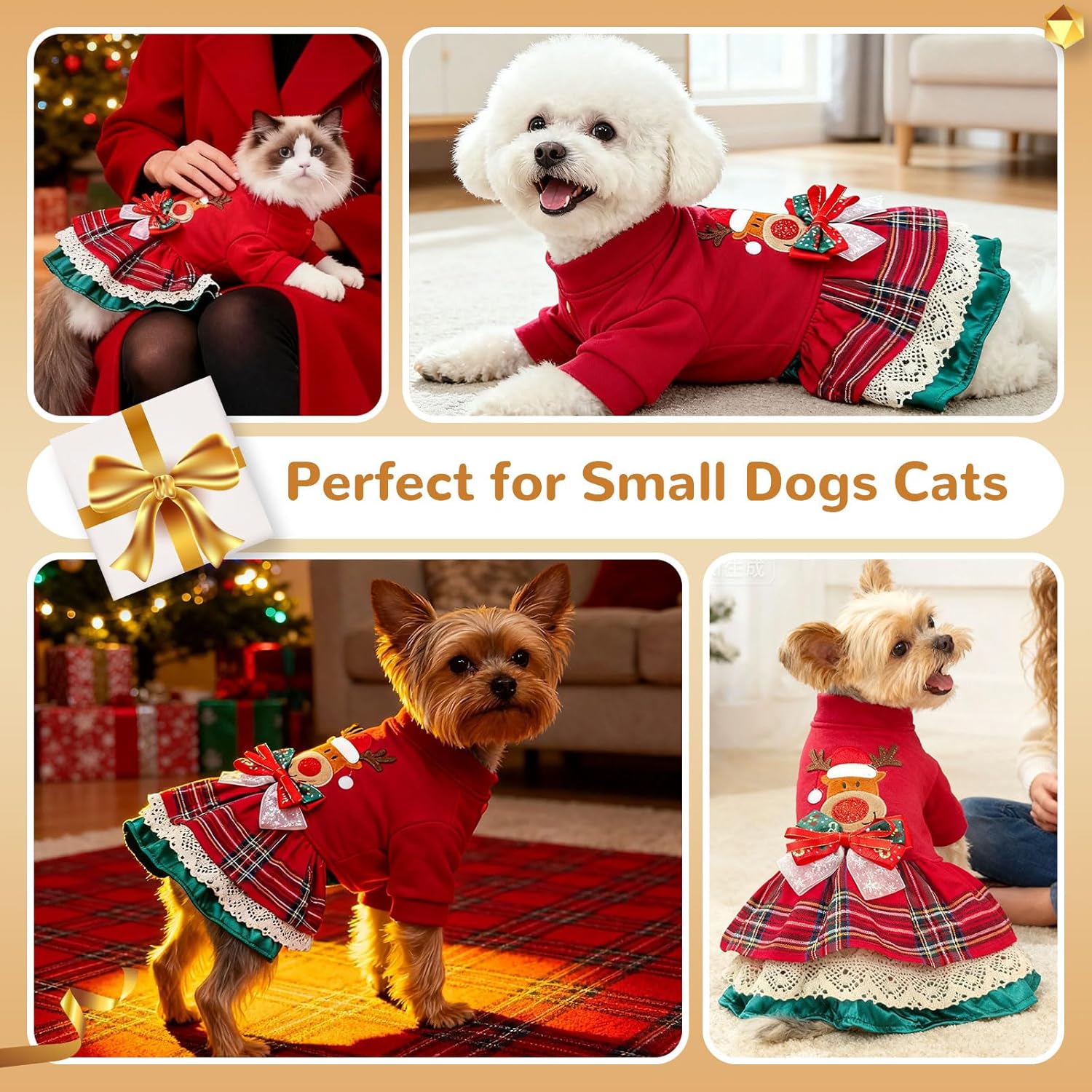 BAEJMJK Cute Small Dog Christmas Dress Xmas Red Reindeer Puppy Princess Dress with Bowknot Warm Holiday Girl Dog Clothes Pet Cats Outfit Apparel for Chihuahua Yorkshire Terriers, Maltese(Medium)