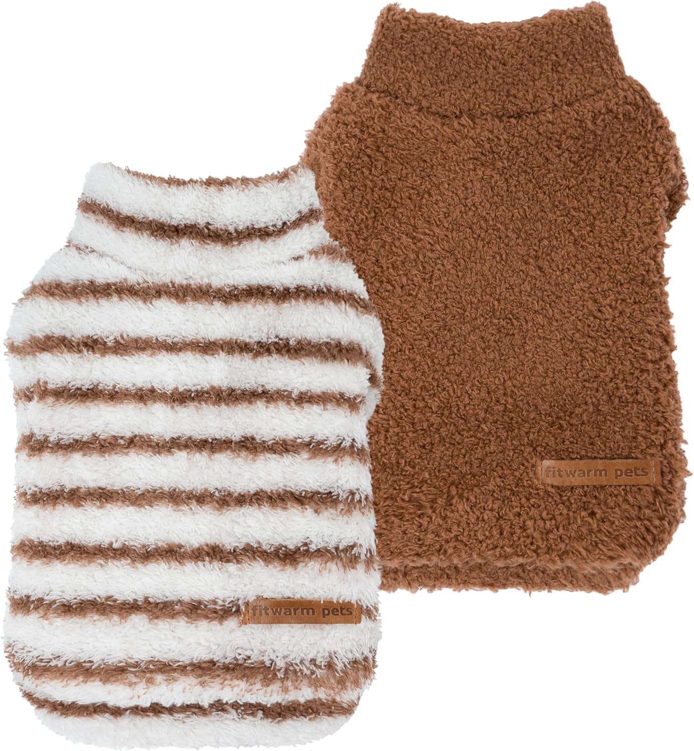 Fitwarm 2 Pack Striped Fleece Dog Sweater, Warm Winter Clothes for Small Dogs Boy Girl, Fuzzy Pet Outfit, White, Brown, Large