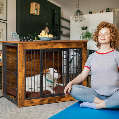 Dog Crate Furniture with Thick Cushion, Side End Table Wooden Dog Cage with Double Doors, Chew-Resistant Dog Kennel Dog House Indoor for Small to Large Dog, L