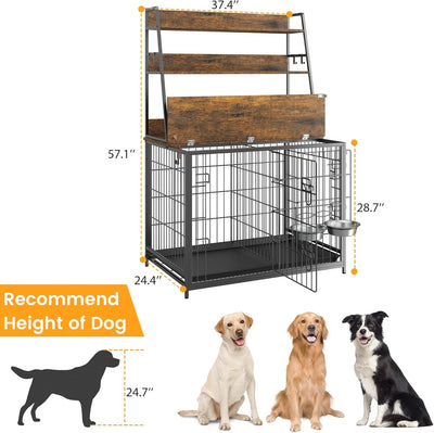 57" Dog Crate Furniture with Storage Shelves, Indoor Kennel for Medium Large Dogs, Removable Tray & Divider, Gray Pet House Blends As Bookshelf/Console Table, Brown