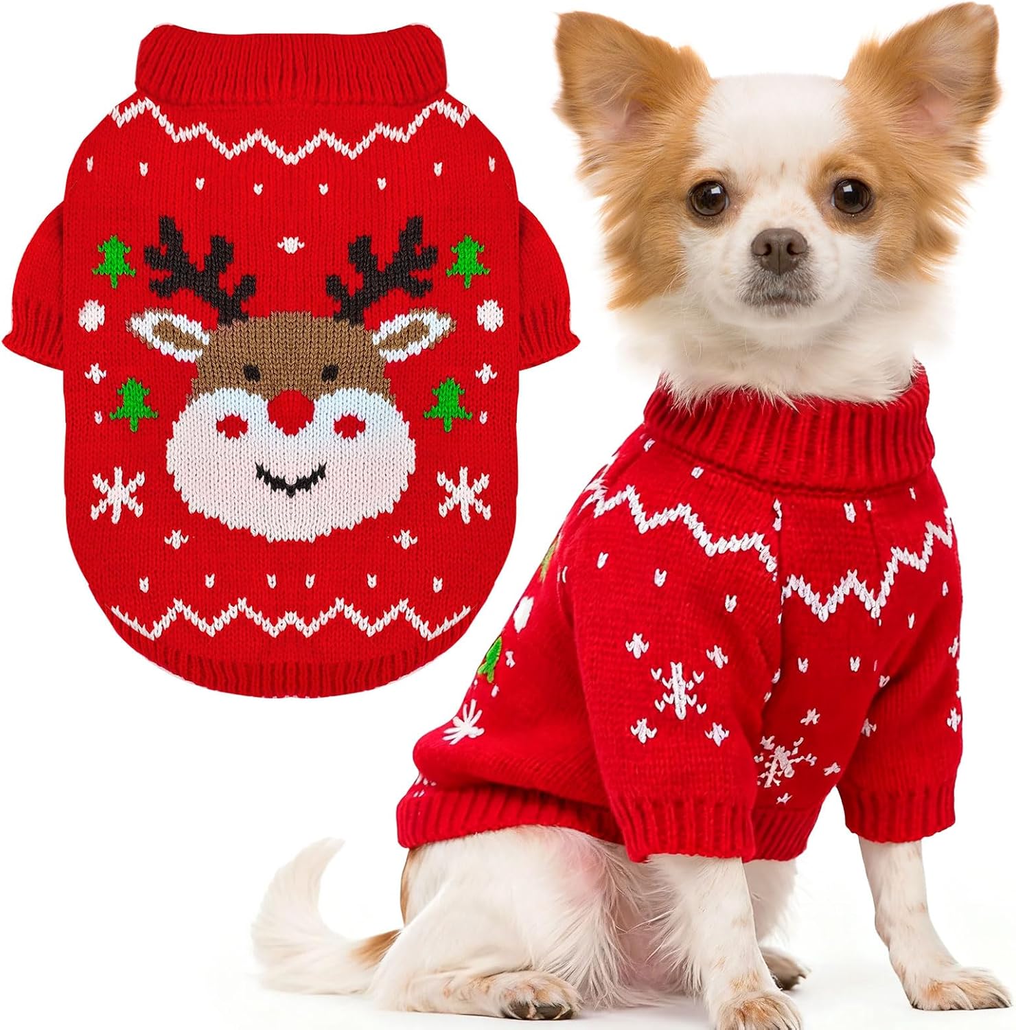 Dog Christmas Sweater Soft Warm Fall Winter Cat Clothes Puppy Sweater for Small Dogs Cute Xmas Reindeer Doggie Outfit Cat Sweaters with Sleeves Pet Holiday Costume Chihuahua Apparel(Red,M)