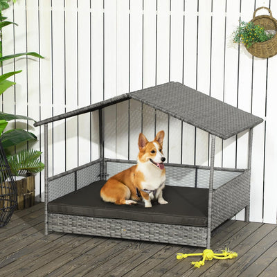PawHut Outdoor Wicker Dog House with Canopy, Rattan Dog Bed with Soft Cushion Removable Cover for Medium and Large Dogs, Charcoal Gray