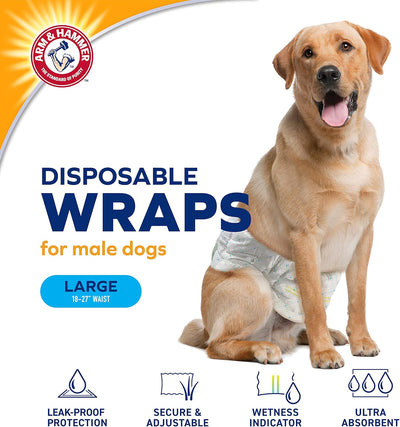 Arm & Hammer for Pets Male Dog Wraps, Size Large, 12 Count | Ultra-Absorbent, Adjustable Male Dog Diapers with Leak-Proof Protection and Wetness Indicator for Large Dogs