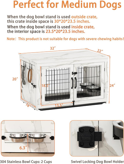 Piskyet Wooden Dog Crate Furniture with 360°Rotatable Removable Dog Bowls, Dog Crate End Table with Tray, Double Doors Dog Kennels for Dogs(M:31.8" L*22.1" W*24.1" H,Marble White)