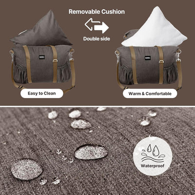 Small Dog Car Seat, Waterproof Dog Booster Seat for Car with Storage Pockets, Clip-On Leash, Detachable Washable Pet Carseat Puppy Travel Carrier Bed, Up to 25lbs, Coffee Grey
