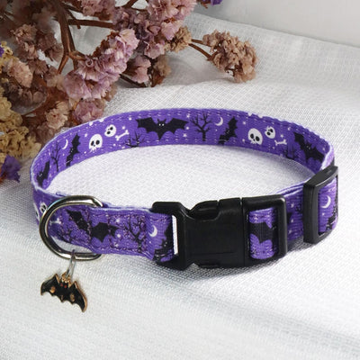 Halloween Dog Collar with Pendant, Cotton Cute Comfortable Girl and Boy Collars for Large Dogs, L, Halloween Purple