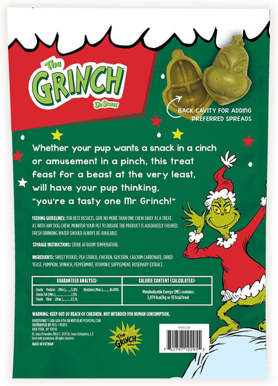 Dr. Seuss The Grinch Gnaws Chicken Dog Treats – Long Lasting Holiday Chews for Medium & Large Dogs, with Fillable Cavity for Spreads Stocking Stuffer, 6 Pieces