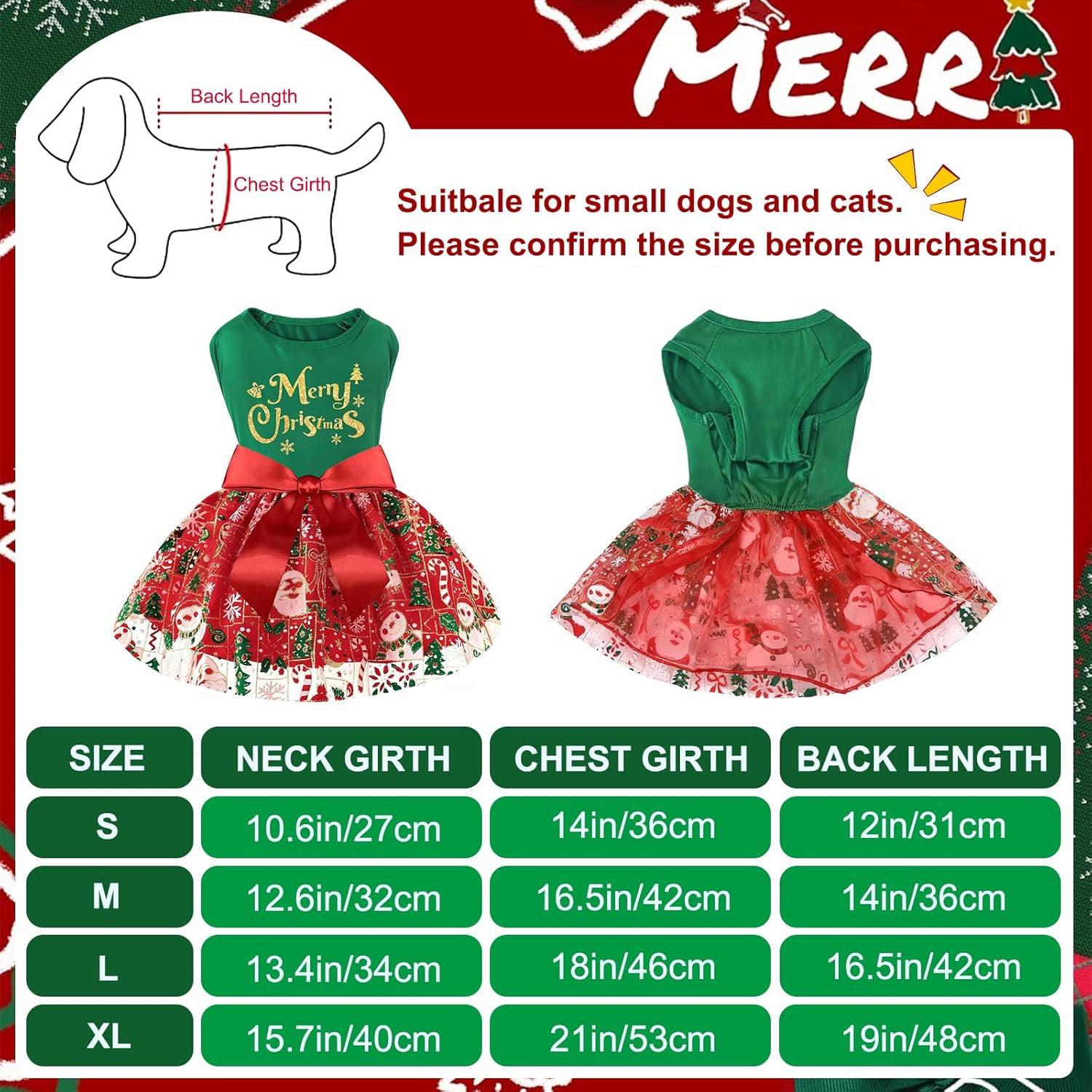 Dog Christmas Outfit Sparkly Pet Holiday Tulle Dress Christmas Dog Dress Pet Dress with Bow Puppy Sundress for Small Dogs Cat Clothes (M)