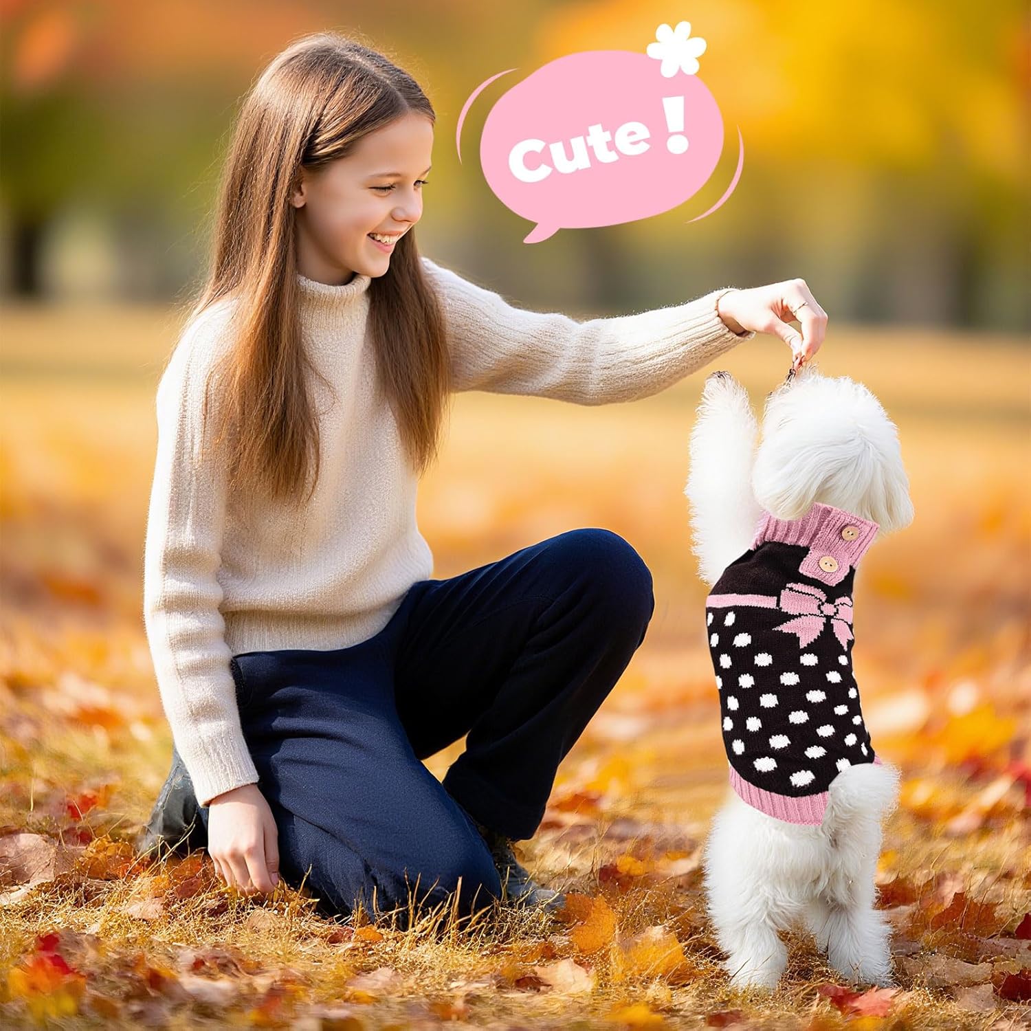 PETCARE Cute Dot Dog Sweater for Small Medium Dogs Girl with Purple Bowtie Knitted Warm Fall Winter Puppy Clothes Cat Sweaters for Cats Only Dachshund Chihuahua Yorkie Dog Outfits Vest Jumper