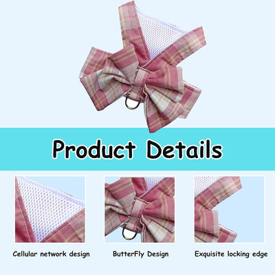 Plaid Dog Dress Bow Tie Harness Leash Set,Dog Clothes Harness Dress with Leash Ring for Small Dogs Girl, Puppy Princess Rabbit Clothes Chihuahua Yorkies Pet Outfits (Pink, X-Small)
