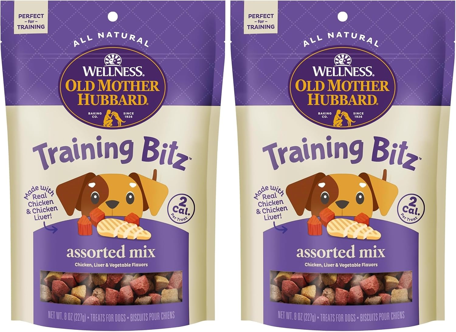 Old Mother Hubbard Wellness Training Bitz Assorted Mix Dog Biscuits, Natural, Training Treats, Three Flavors, Small Size, (8 Ounce Bag)