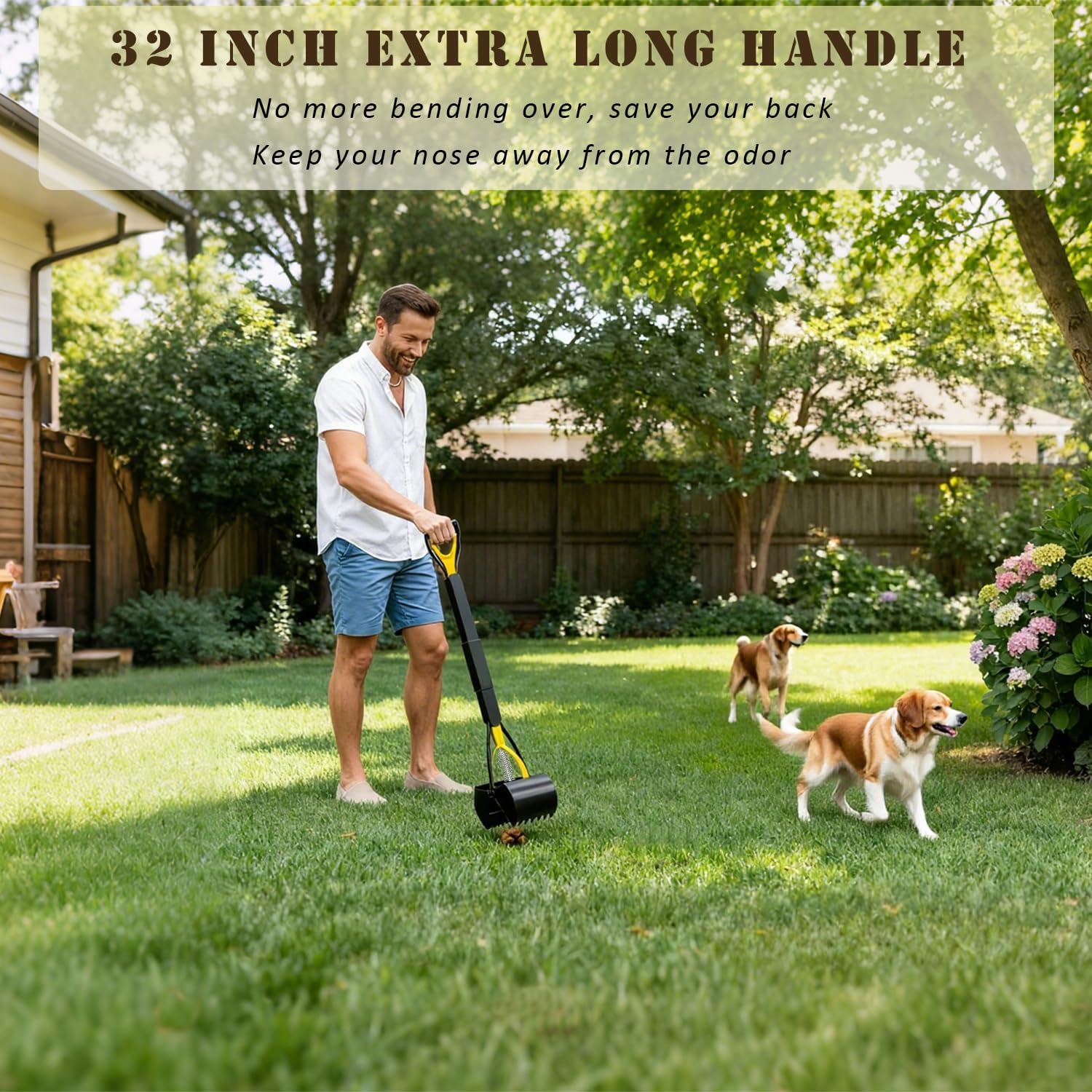 32 inch Long Handle Pooper Scooper for Dogs, Heavy Duty Foldable Dog Poop Picker Upper, One-Handed Operation, No Bending Cleanup Tool for Yard & Lawn, Avoids Touching Dog Poop