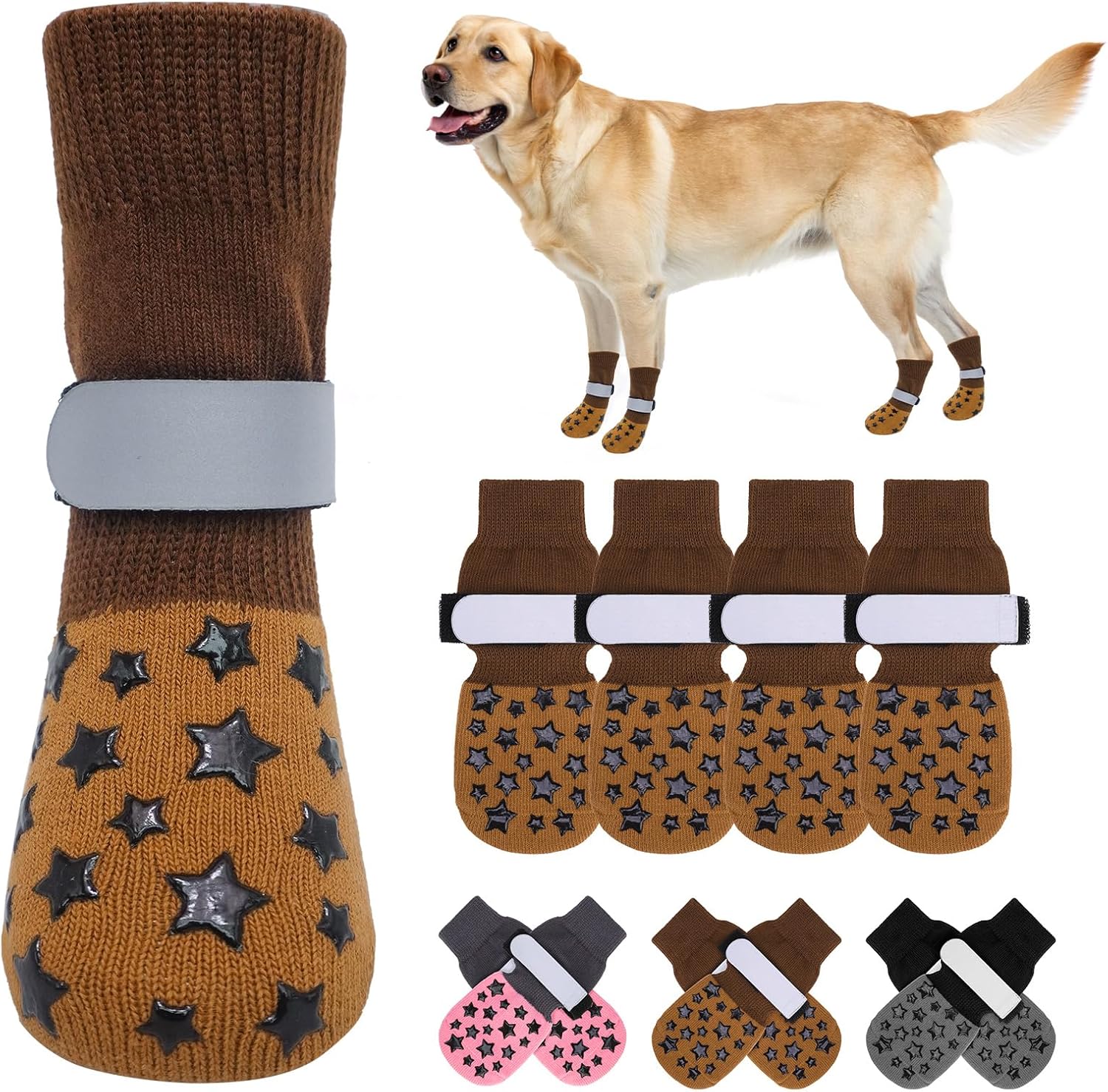 BEAUTYZOO Anti Slip Dog Socks to Prevent Licking Paws, Dog Shoes for Cold Pavement, Grip Socks for Dogs on Hardwood Floors, Dog Booties Alternative, Reflective&Washable Paw Protection for Senior Dogs