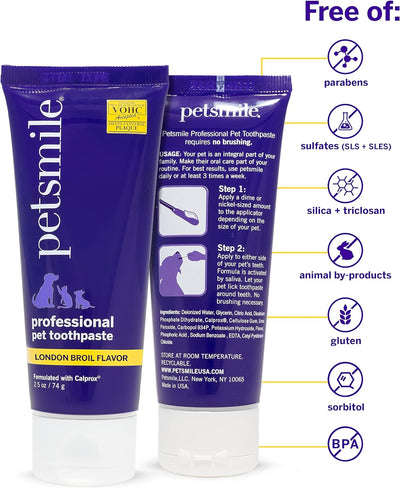 Petsmile Professional Pet Toothpaste for Cats & Dogs - Only VOHC Accepted Toothpaste - Clinically Proven to Control Plaque & Tartar Calprox Formula (London Broil, 2.5 Oz)