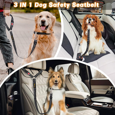 Dog Seat Belt for Car, Adjustable 4-in-1 Dog Car Seatbelt Leash with Hook & Buckle, Reflective Dog Seatbelt Harness for Car with Vehicle Car Headrest & Swivel Carabiner and Poop Bag, Black