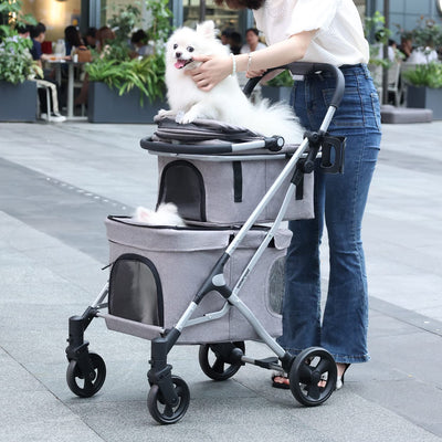 T1 Double Pet Stroller for 2 Small Dogs or Cats Lightweight Foldable Double Cat Stroller with Detachable Carrier (Grey)