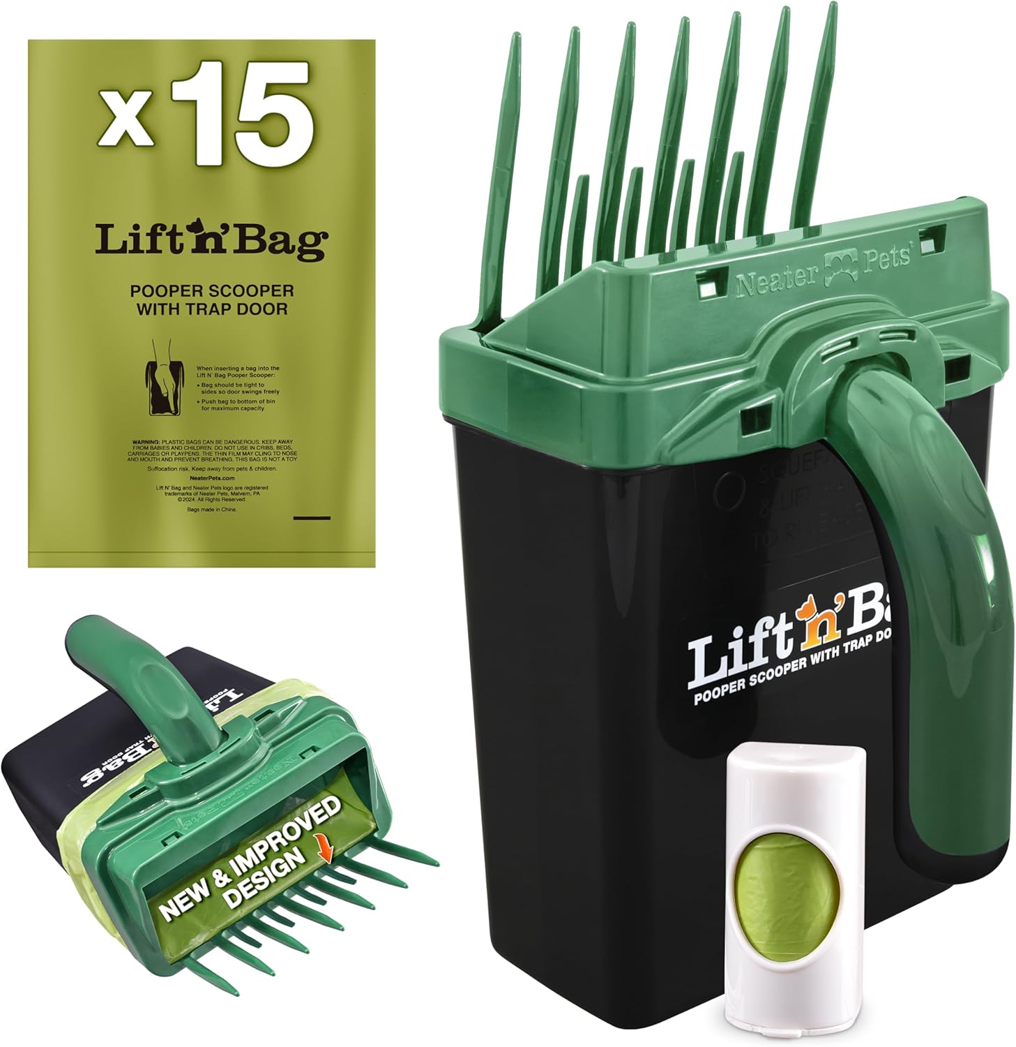 Neater Pet Brands Lift N’ Bag 2.0 Dog Pooper Scooper with Bag Attachment & 27" Pole for Small to Large Dogs, New & Improved Design, 15 Refill Bags, Heavy Duty Dog Poop Scooper for Yard, One-Hand Use