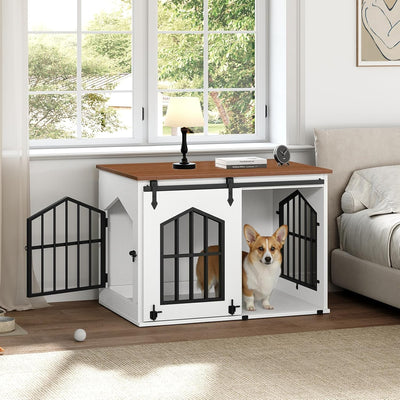 Dog Crate Furniture, 31.5" Farmhouse Dog Kennel with Sliding Barn Door, Wooden Dog Cage for Small Medium Dogs, Decorative Pet House Side End Table, Chew-Resistant, White and Walnut DCBA9601