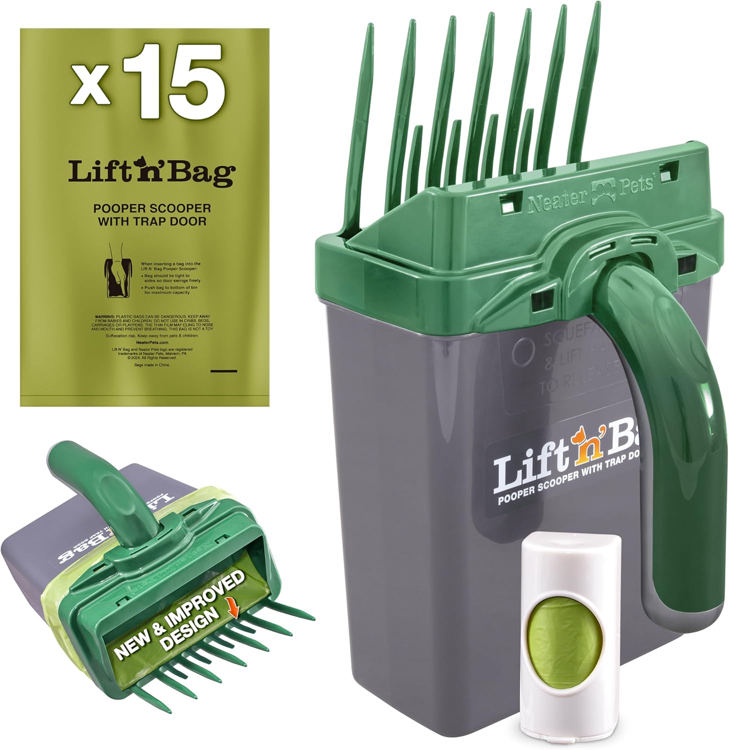 Neater Pet Brands Lift N’ Bag 2.0 Dog Pooper Scooper with Bag Attachment & 27" Pole for Small to Large Dogs, New & Improved Design, 15 Refill Bags, Heavy Duty Dog Poop Scooper for Yard, One-Hand Use