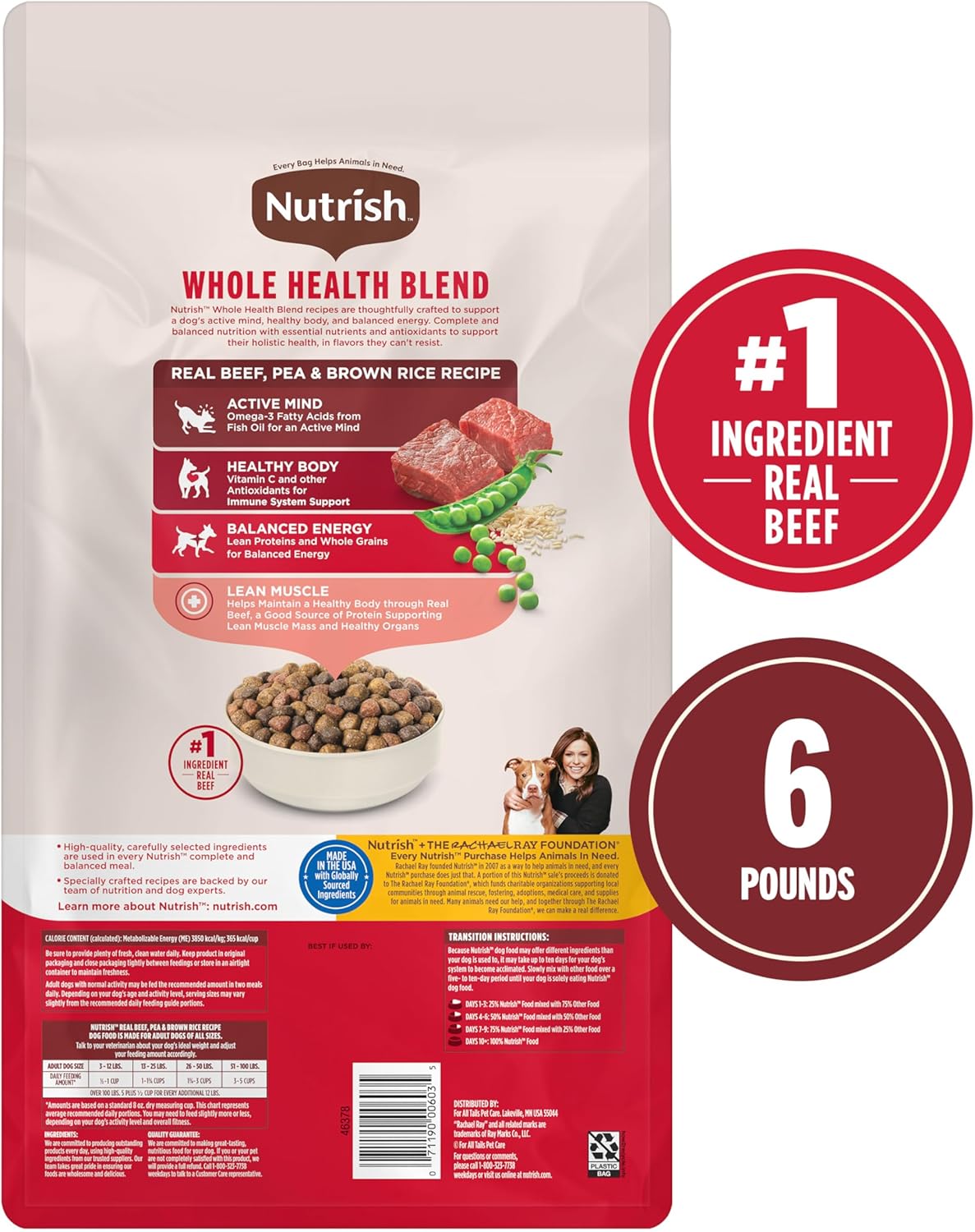 Nutrish Real Beef, Pea & Brown Rice Recipe Whole Health Blend Dry Dog Food, 6 lb. Bag, Packaging May Vary (Rachael Ray)