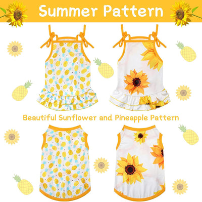 Frienda 4 Pieces Pet Clothes Set Include 2 Pieces Cute Pet Dress Lovely Dog Dress and 2 Pcs Breathable Dog T Shirt Puppy Clothes(Pineapple, Sunflower,Small)