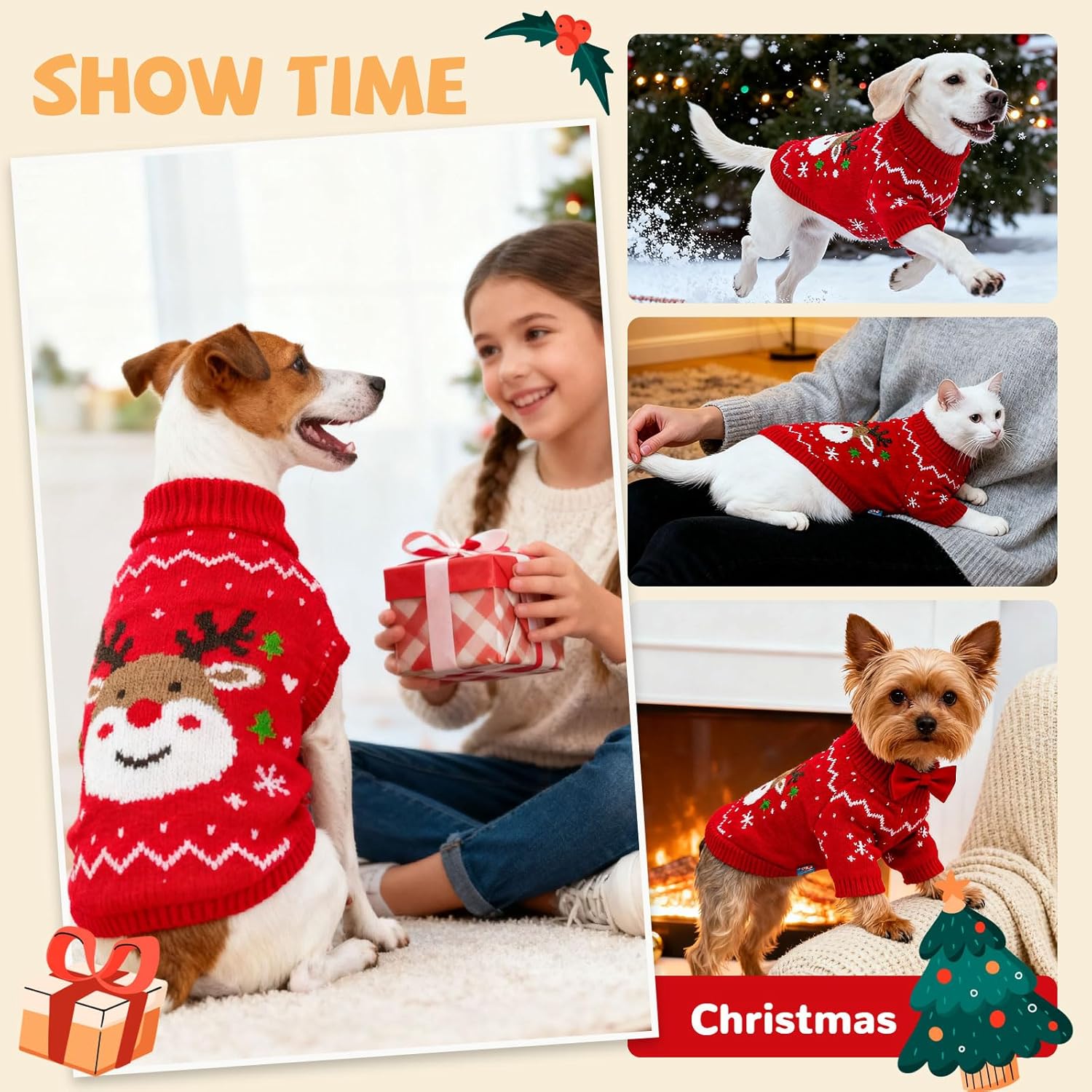 Dog Christmas Sweater Soft Warm Fall Winter Cat Clothes Puppy Sweater for Small Dogs Cute Xmas Reindeer Doggie Outfit Cat Sweaters with Sleeves Pet Holiday Costume Chihuahua Apparel(Red,M)