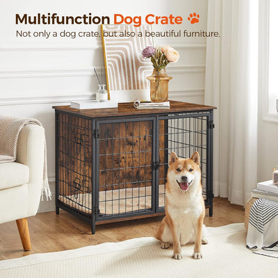 Dog Crate Furniture with Cushion, Wooden Dog Kennel with Double Doors, Heavy Duty Dog Cage for Small/Medium/Large Dogs, Indoor Dog House End Table, 31.5" L, Rustic Brown DCHR0701Z1