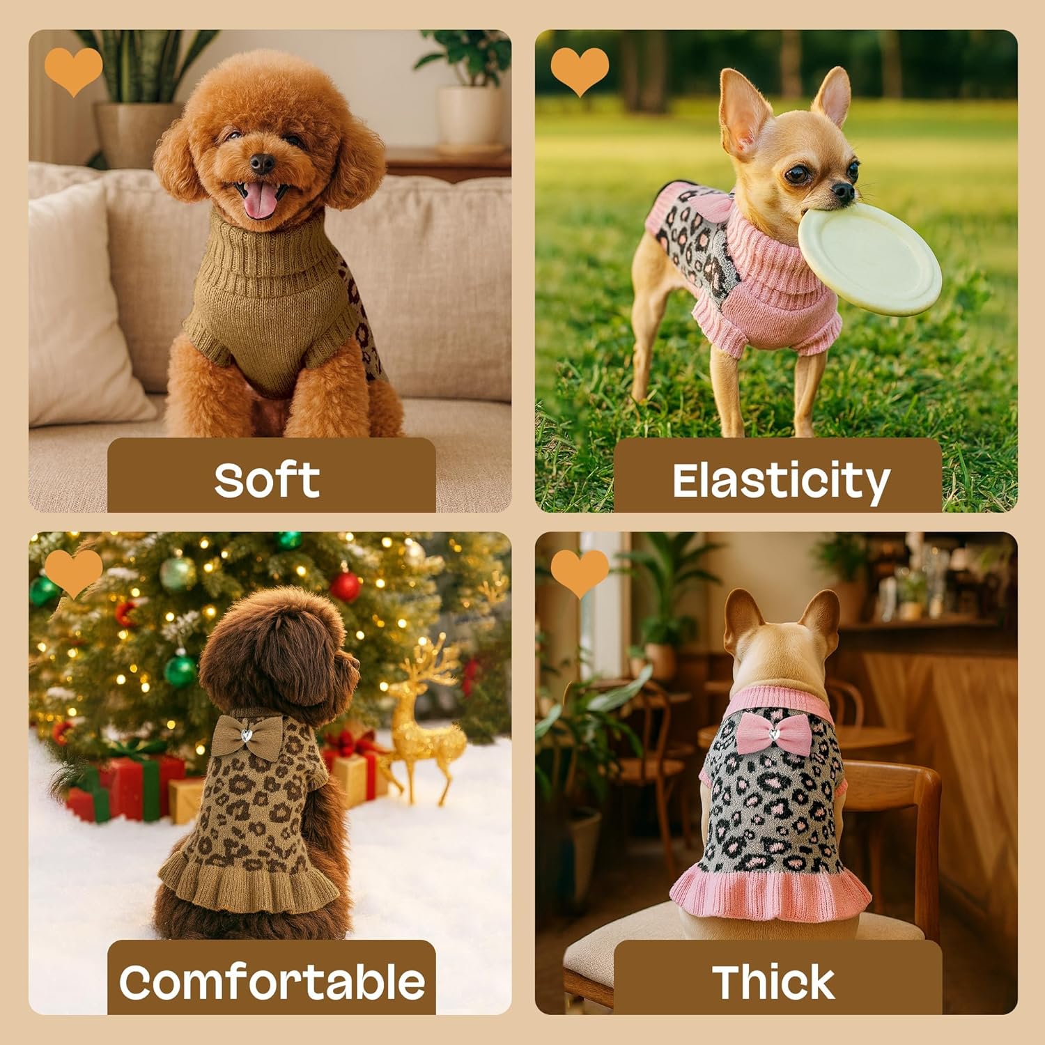 YUDODO Small Dog Sweater Dress with Bowtie Turtleneck Leopard Knitted Pet Girl Dog Winter Clothes Warm Sweater for Yorkies Chihuahua with Leash Hole (S, Khaki Leopard Dress)