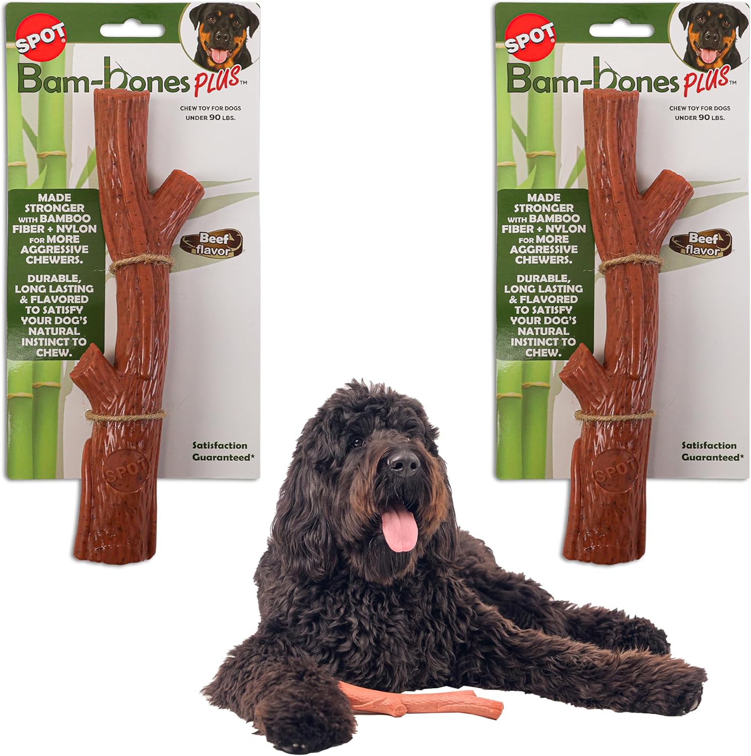 SPOT Bam-Bones Plus Branch -Bamboo Fiber & Nylon, Durable Long Lasting Dog Chew for Aggressive Chewers – Great Toy for Adult Dogs & Teething Puppies Under 60lbs, Non-Splintering, 5.75in, Beef Flavor