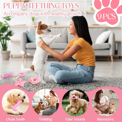 9Pack Pink Puppy Toys for Teething Treat Interactive to Keep Them Busy, Cute Soft Rubber Toy for Small Dogs, Girl Puppy Essentials