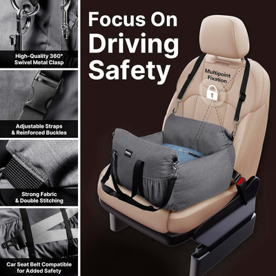 Small Dog Car Seat, Waterproof Dog Booster Seat for Car with Portable Dog Mat, Storage Pockets, Clip-On Leash, Detachable Washable Pet Carseat Puppy Travel Carrier Bed, Up to 25lbs, Grey