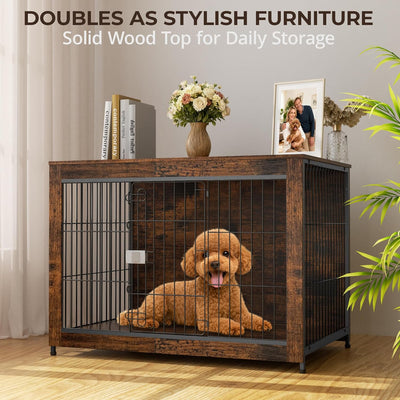 Dog Crate Furniture, Various Size Optional, Indestructible Cage with Wooden End Table for Indoor Decorative for High Anxiety Dogs, Escape-Proof Locks & Double Door