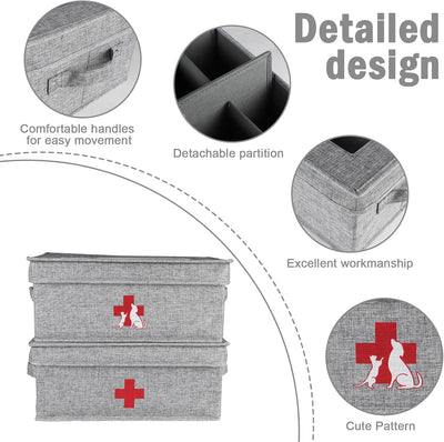 First Aid Box and Pet Frist Aid Kit Case Set, Fabric Medicine Storage Box Empty, Divided First Aid Supplies Organizer Storage with Clear Lid, Emergency Kit Storage Box for Family and Dog-Gray