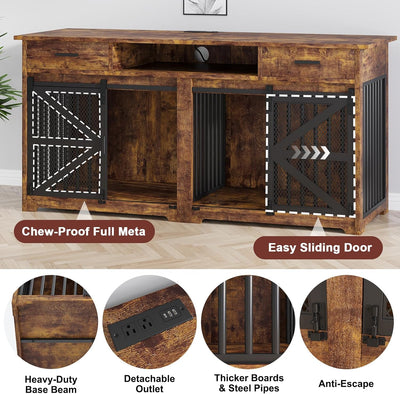 EasyCom 63in Double Dog Crate Furniture with Sliding Door and Detachable Outlet That Powers Pet Zone Sturdy Dog Kennel Furniture with Drawers Organized Storage for Small and Medium Dogs