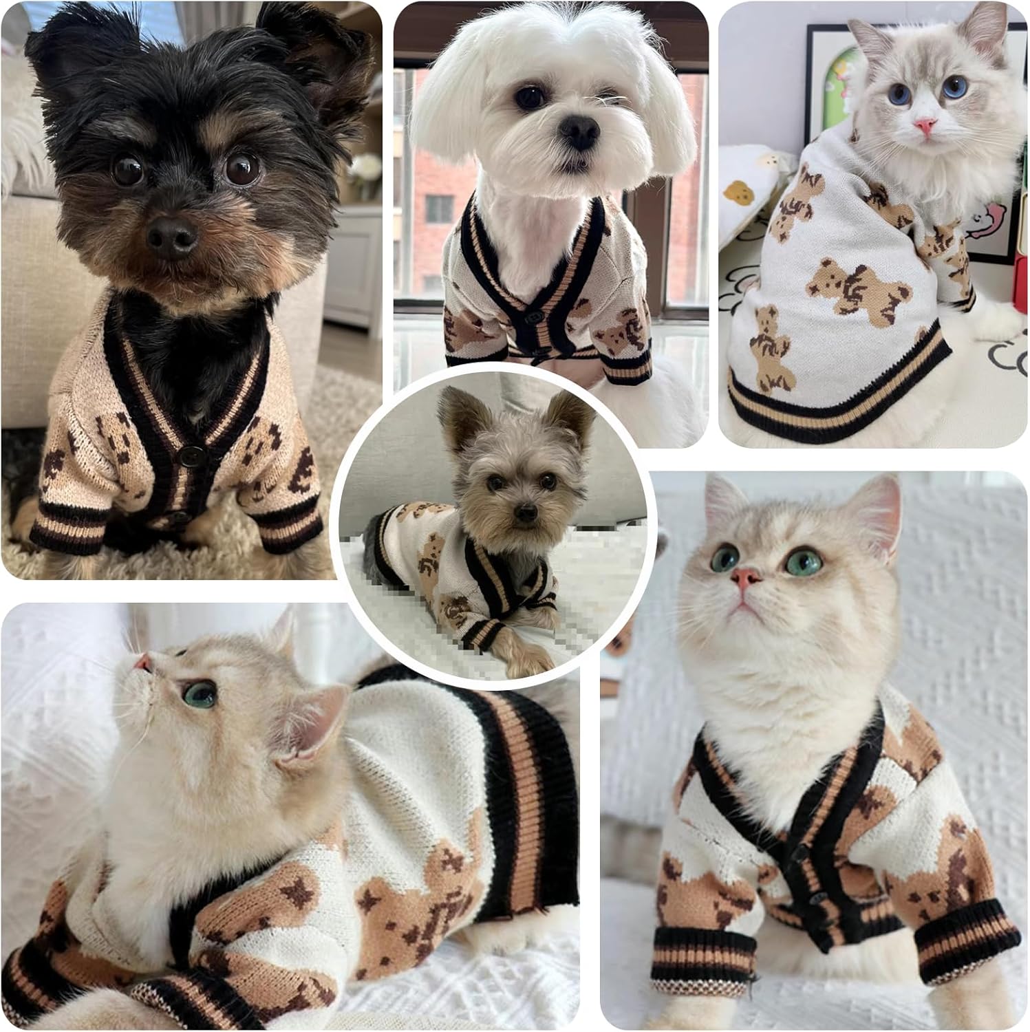 Small Dog Sweaters Cute Bear Dog Cardigans Clothes for Small Medium Dogs Boy Girl Puppy Cat Knitting Cardigan Outfits Dogs Winter Coats Warm Pet Doggy Clothes Soft Knitwear Apparel (Beige,XS)