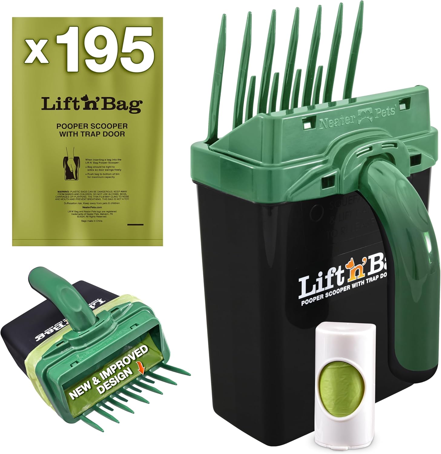 Neater Pet Brands Lift N’ Bag 2.0 Dog Pooper Scooper with Bag Attachment & 27" Pole for Small to Large Dogs, New & Improved Design, 15 Refill Bags, Heavy Duty Dog Poop Scooper for Yard, One-Hand Use