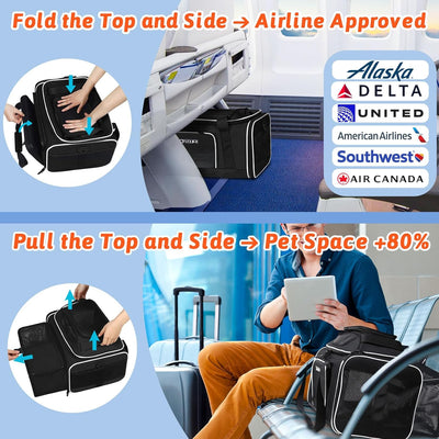 Petskd Top and Side Expandable Pet Carrier 17x11x9.5 Inches Alaska Airline Approved, Soft-Sided Carrier for Small Cats and Dogs with Locking Safety Zippers and Anti-Scratch Mesh(Black)