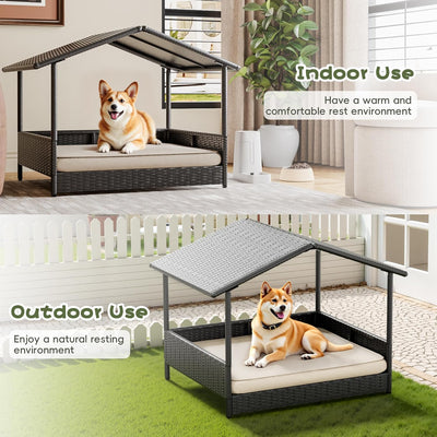 WARCAT Wicker Dog House, Indoor Outdoor Elevated Dog Bed for Small Medium Dogs, with Removable Cushion, Washable Cover, Weatherproof Roof